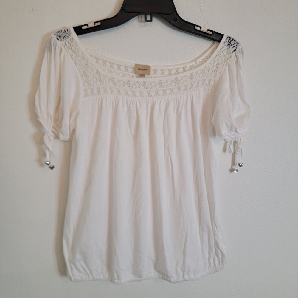 Ella Moss White Top Small Peasant Prairie Cottage Knit Puff Sleeve‎ Made in USA